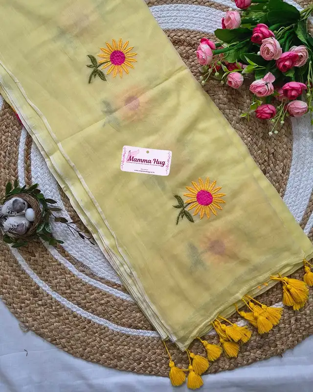 Mul Cotton Handloom Saree Flower Embroidery - Yellow