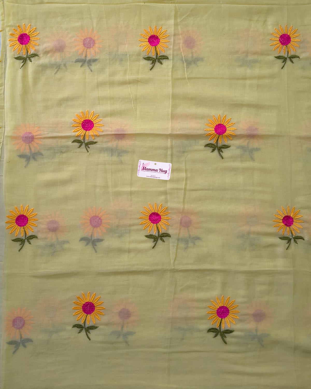 Mul Cotton Handloom Saree Flower Embroidery - Yellow