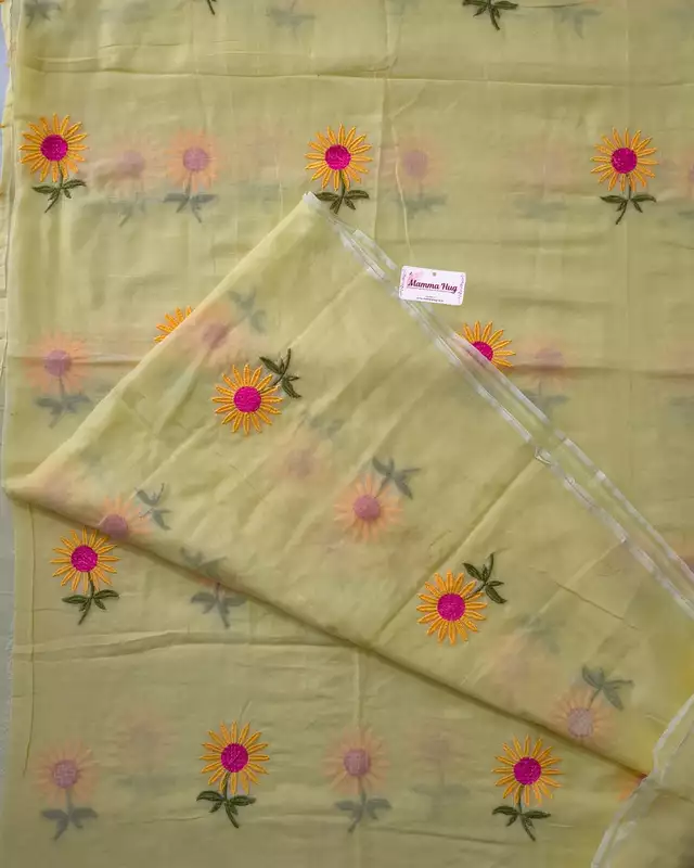 Mul Cotton Handloom Saree Flower Embroidery - Yellow