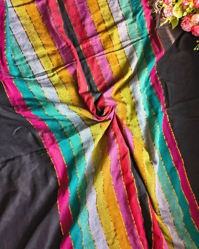 Mul Cotton Handloom Saree - Rainbow Zari - Black