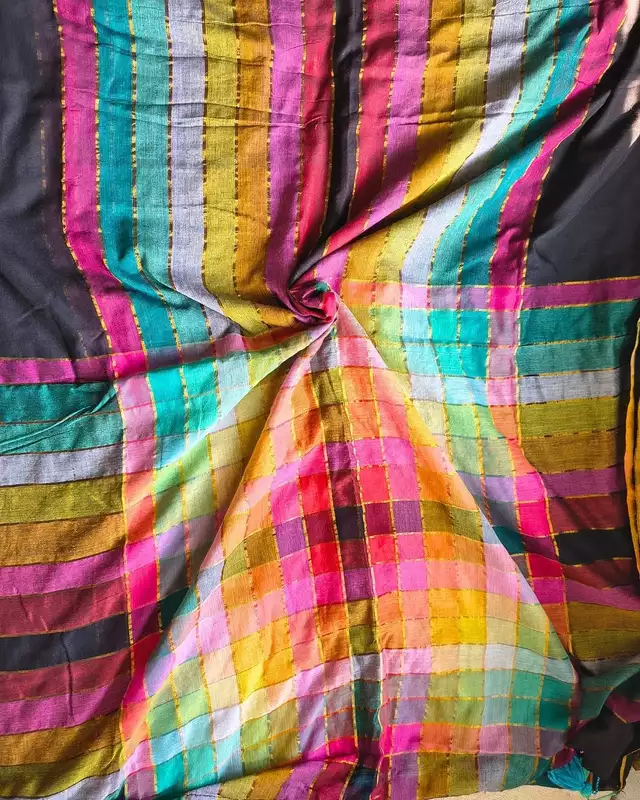 Mul Cotton Handloom Saree - Rainbow Zari - Black