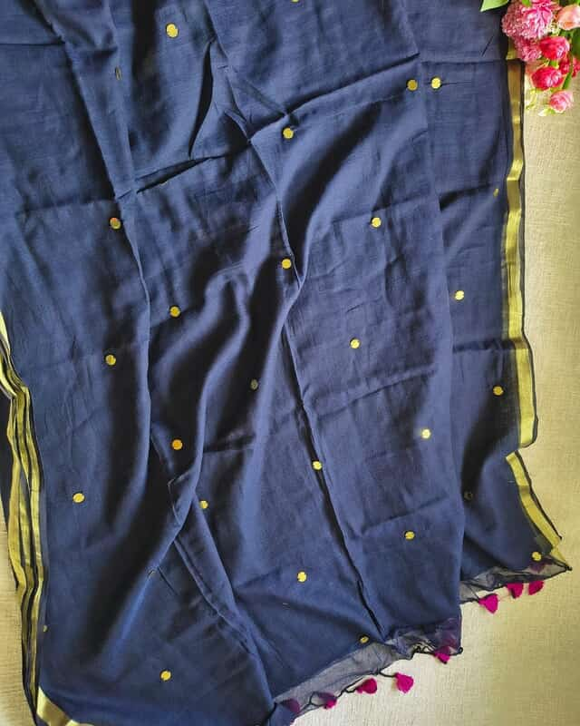 Mul Cotton Handloom Saree with Coin Design - Navy Blue