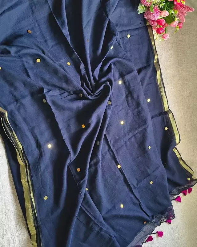 Mul Cotton Handloom Saree with Coin Design - Navy Blue