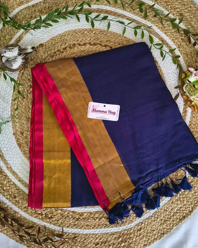 Mul Cotton Handloom Saree with Golden Border - Navy Blue