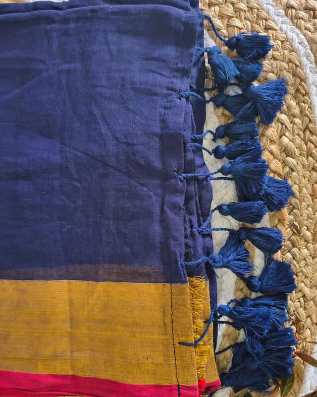 Mul Cotton Handloom Saree with Golden Border - Navy Blue