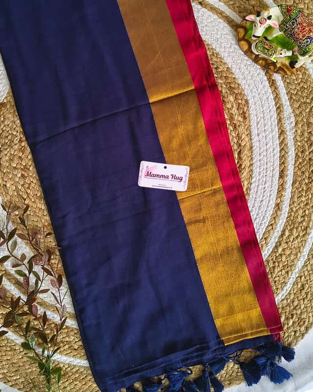 Mul Cotton Handloom Saree with Golden Border - Navy Blue