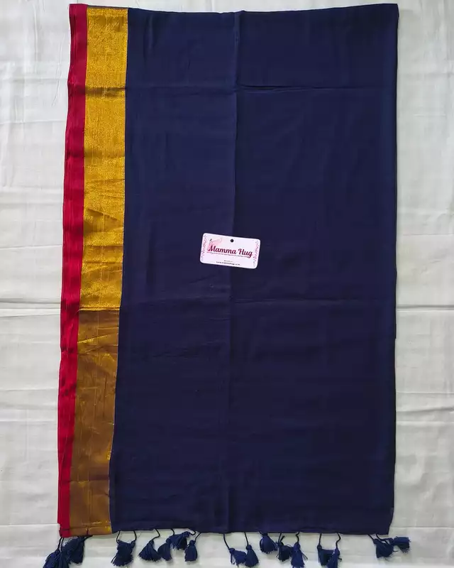 Mul Cotton Handloom Saree with Golden Border - Navy Blue