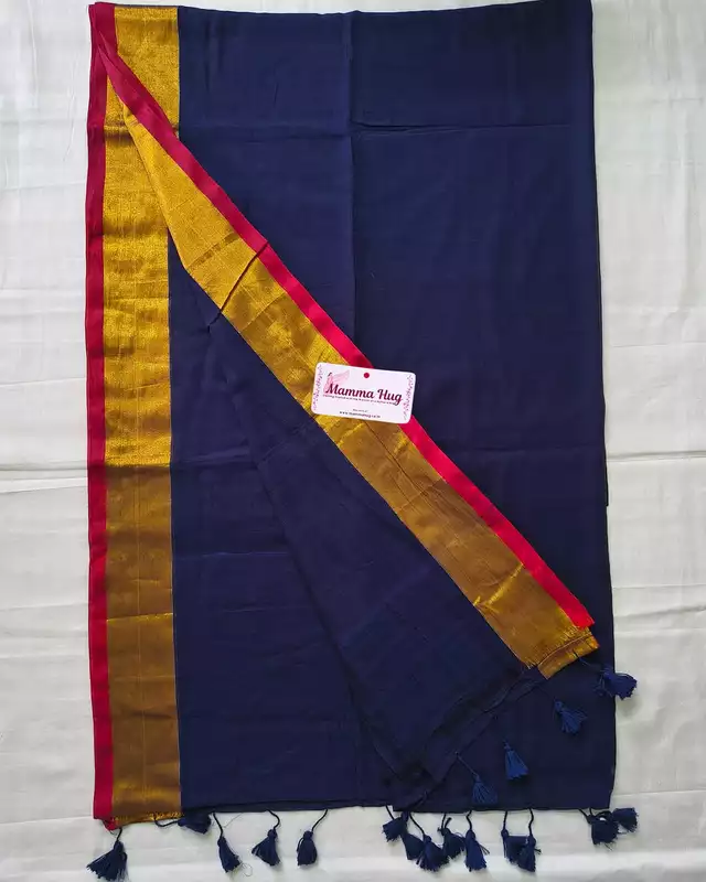 Mul Cotton Handloom Saree with Golden Border - Navy Blue