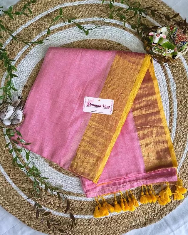 Mul Cotton Handloom Saree with Golden Border - Pink