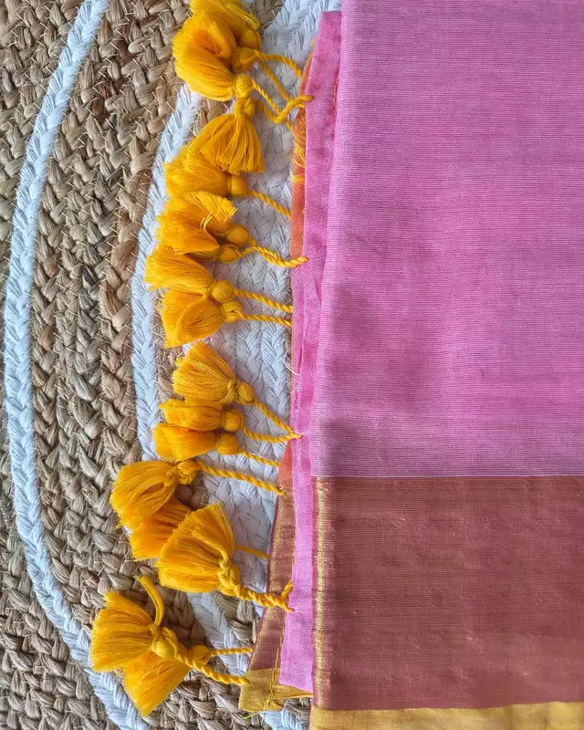 Mul Cotton Handloom Saree with Golden Border - Pink