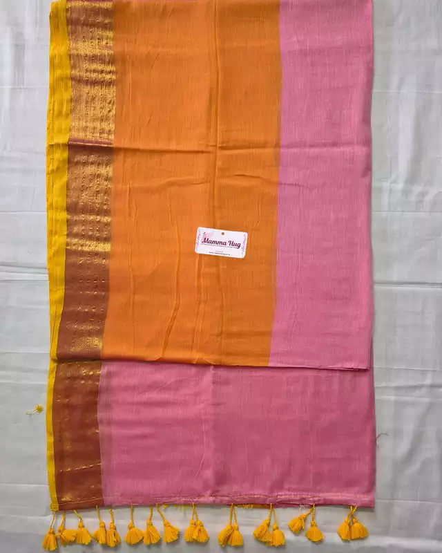 Mul Cotton Handloom Saree with Golden Border - Pink