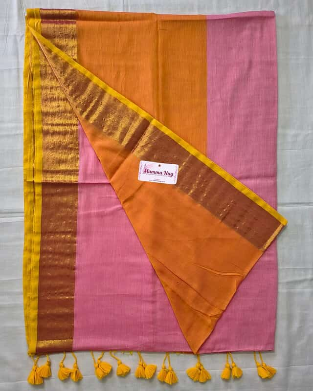 Mul Cotton Handloom Saree with Golden Border - Pink