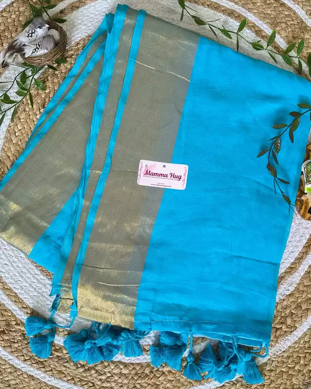 Mul Cotton Handloom Saree with Golden Border - Sky Blue