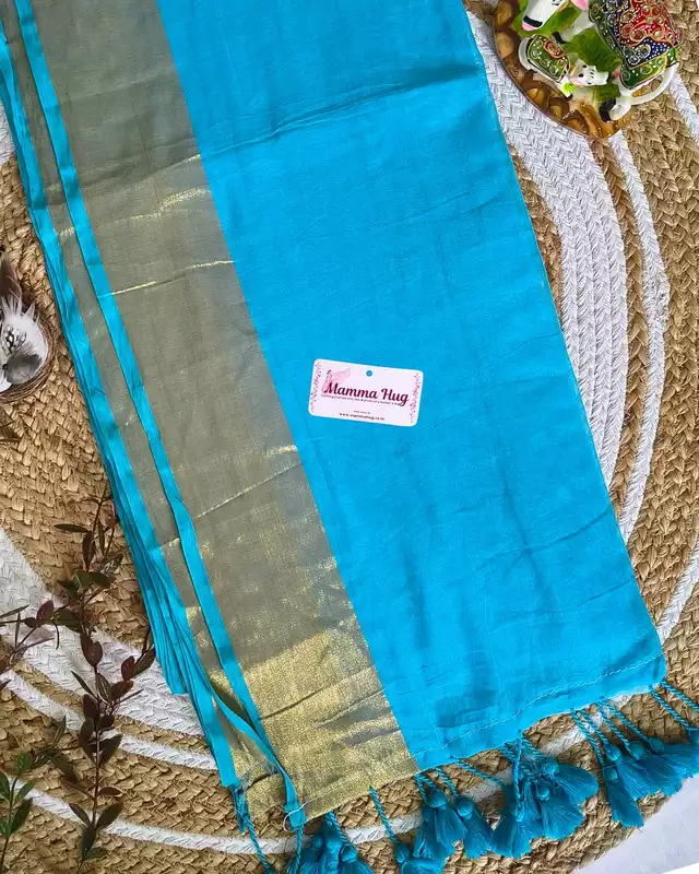 Mul Cotton Handloom Saree with Golden Border - Sky Blue