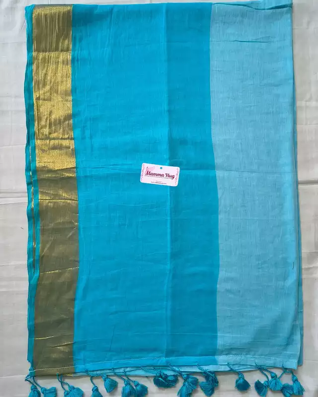 Mul Cotton Handloom Saree with Golden Border - Sky Blue
