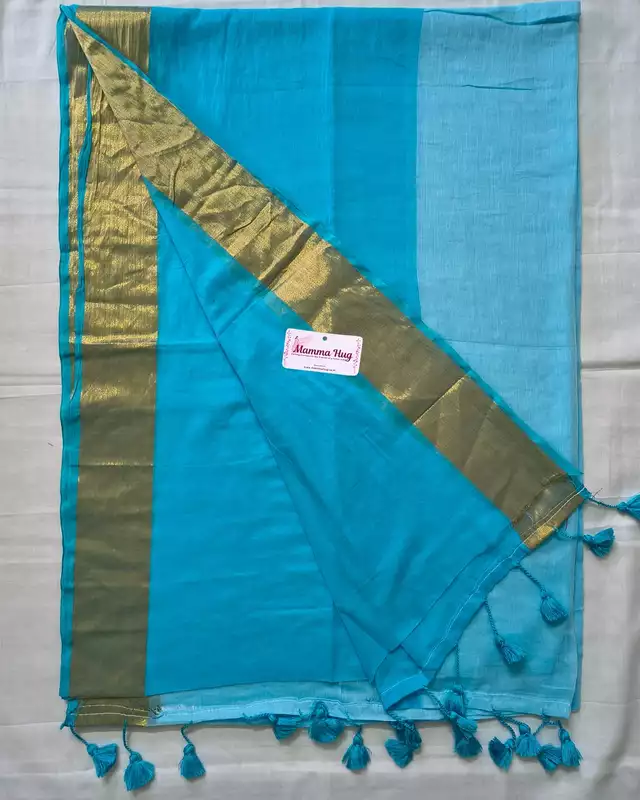Mul Cotton Handloom Saree with Golden Border - Sky Blue