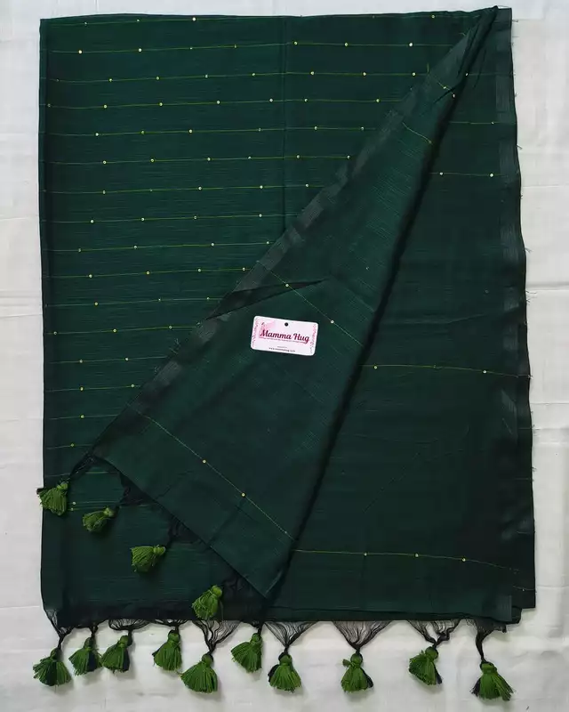 Mul Cotton Handloom Saree with Sequins - Green