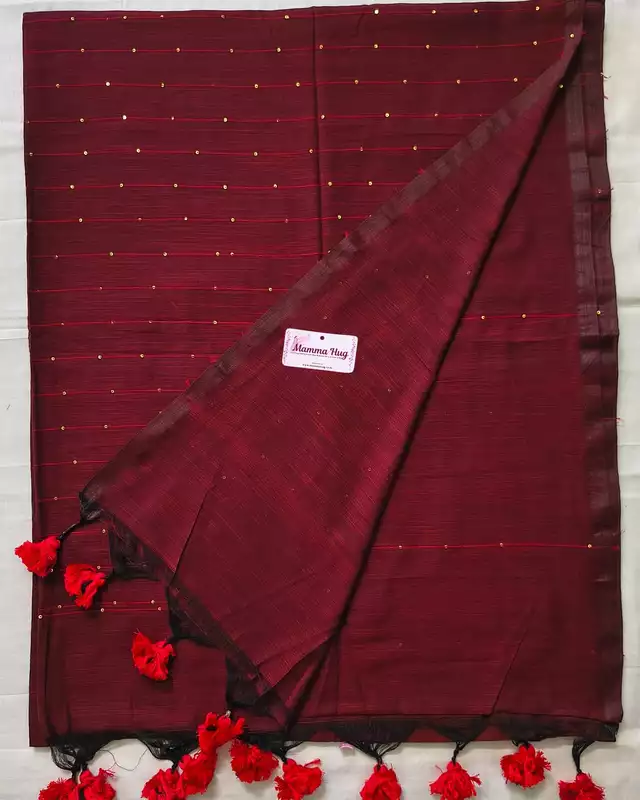 Mul Cotton Handloom Saree with Sequins - Maroon