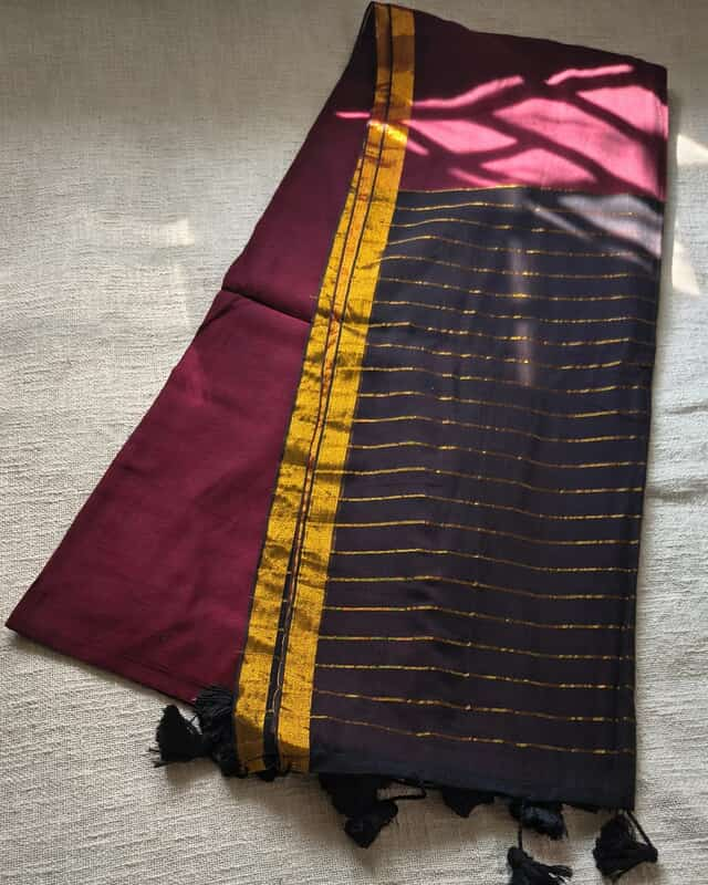 Mul Cotton Handloom Saree with Zari border, Contrast Pallu with zari woven stripes - Black and Maroon