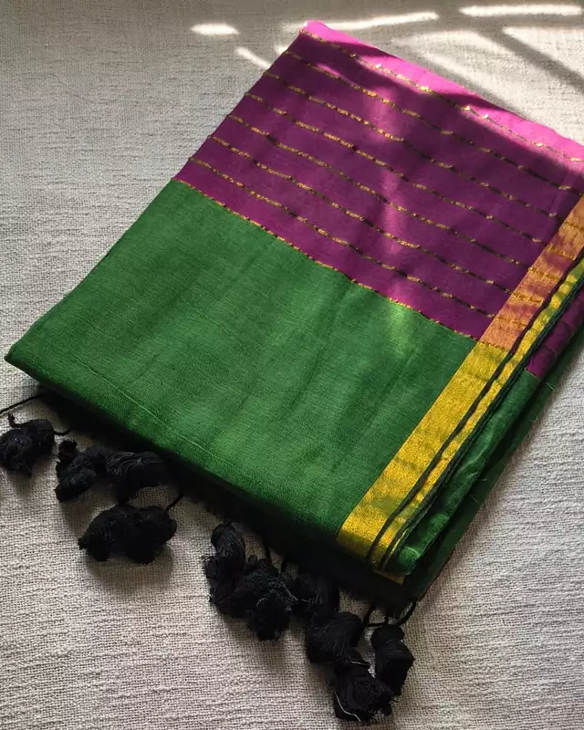 Mul Cotton Handloom Saree with Zari border, Contrast Pallu with zari woven stripes - Green