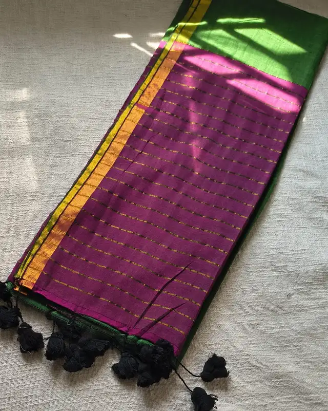 Mul Cotton Handloom Saree with Zari border, Contrast Pallu with zari woven stripes - Green