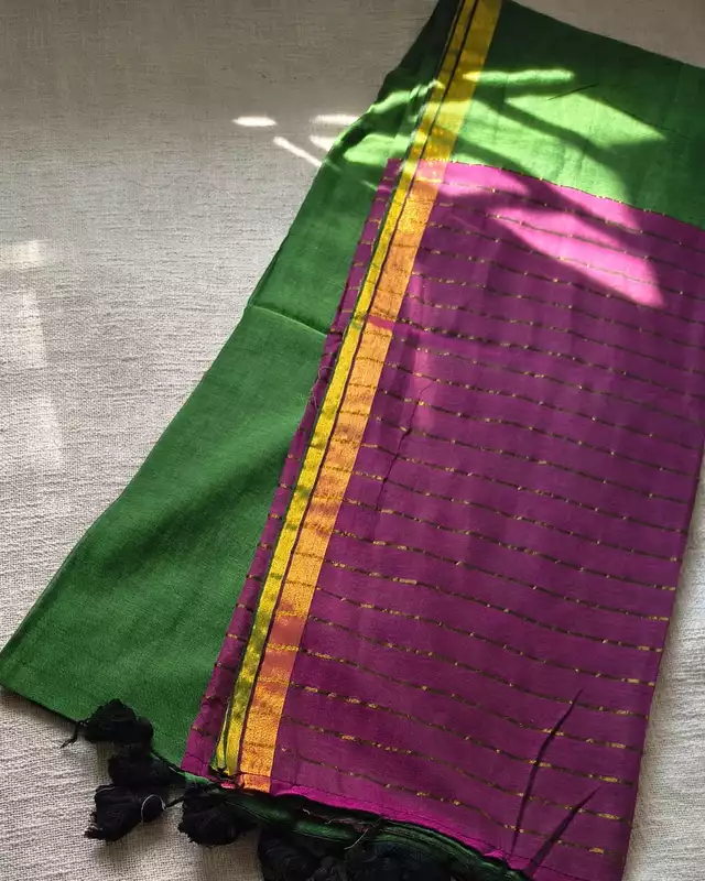 Mul Cotton Handloom Saree with Zari border, Contrast Pallu with zari woven stripes - Green