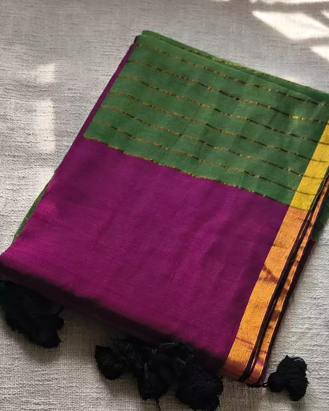 Mul Cotton Handloom Saree with Zari border, Contrast Pallu with zari woven stripes - Magenta