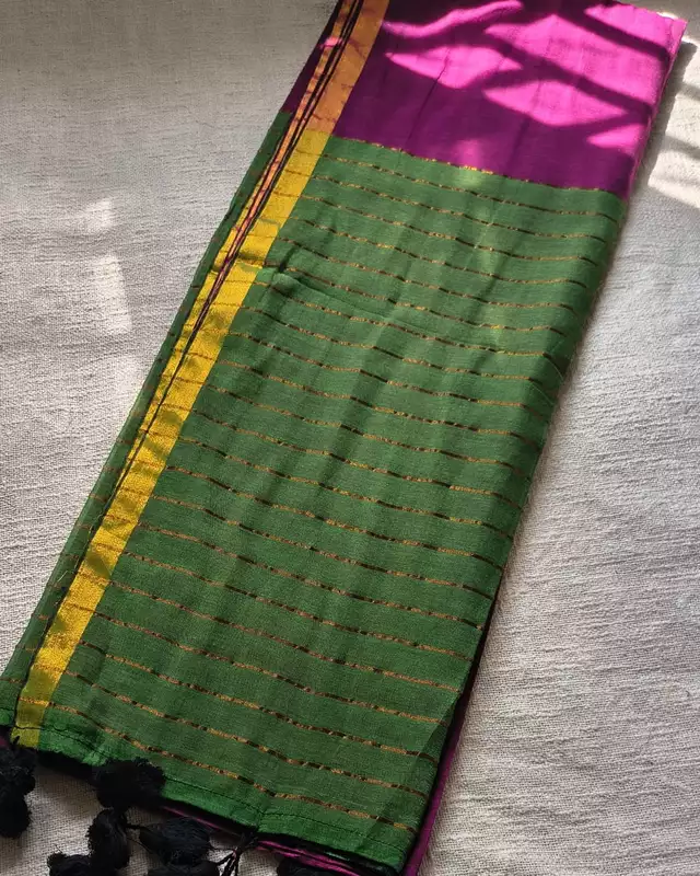 Mul Cotton Handloom Saree with Zari border, Contrast Pallu with zari woven stripes - Magenta