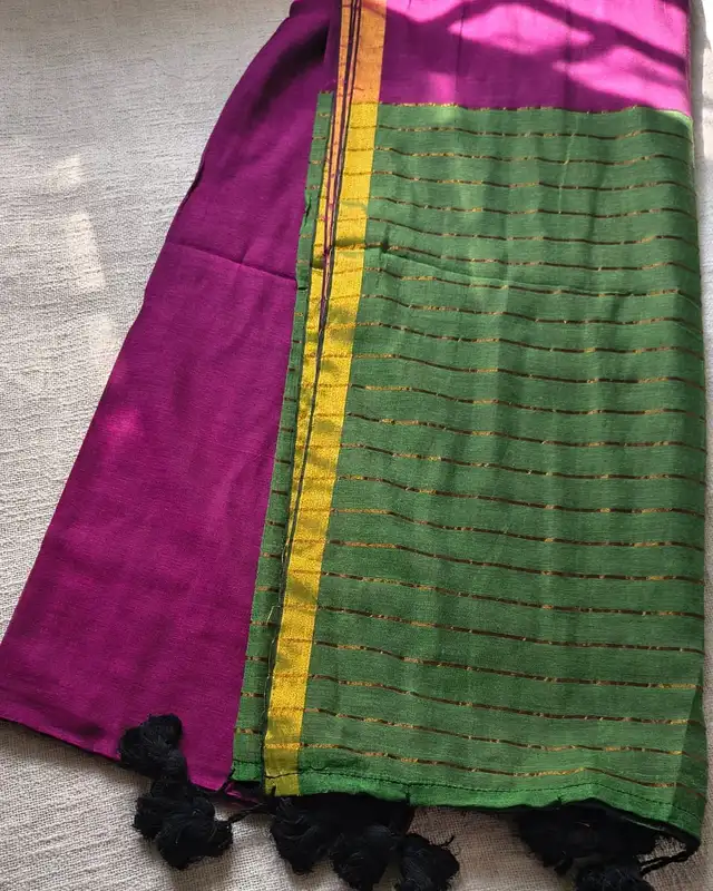Mul Cotton Handloom Saree with Zari border, Contrast Pallu with zari woven stripes - Magenta