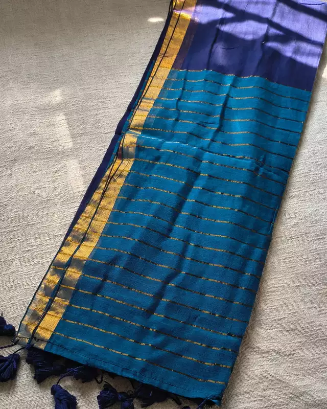 Mul Cotton Handloom Saree with Zari border, Contrast Pallu with zari woven stripes - Navy Blue & Blue