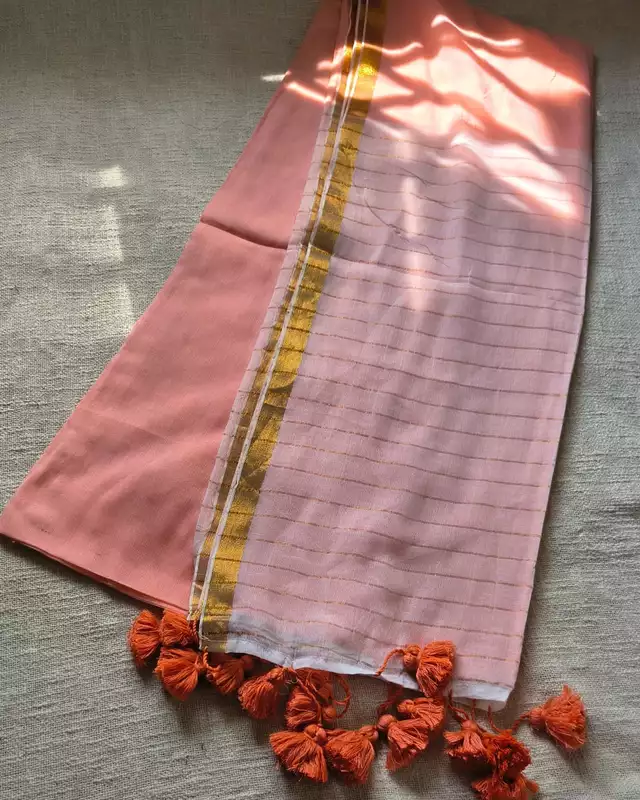 Mul Cotton Handloom Saree with Zari border, Contrast Pallu with zari woven stripes - Peach