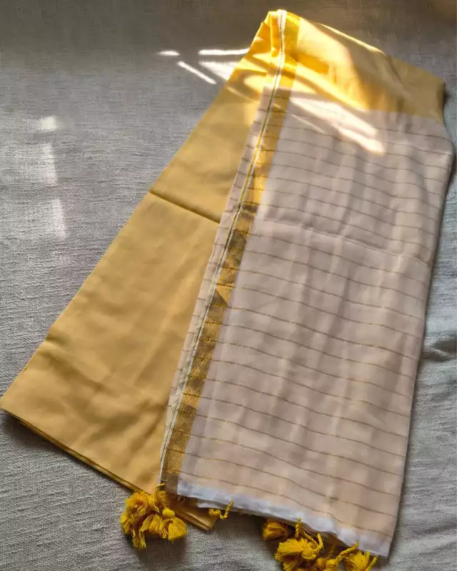Mul Cotton Handloom Saree with Zari border, Contrast Pallu with zari woven stripes - Yellow