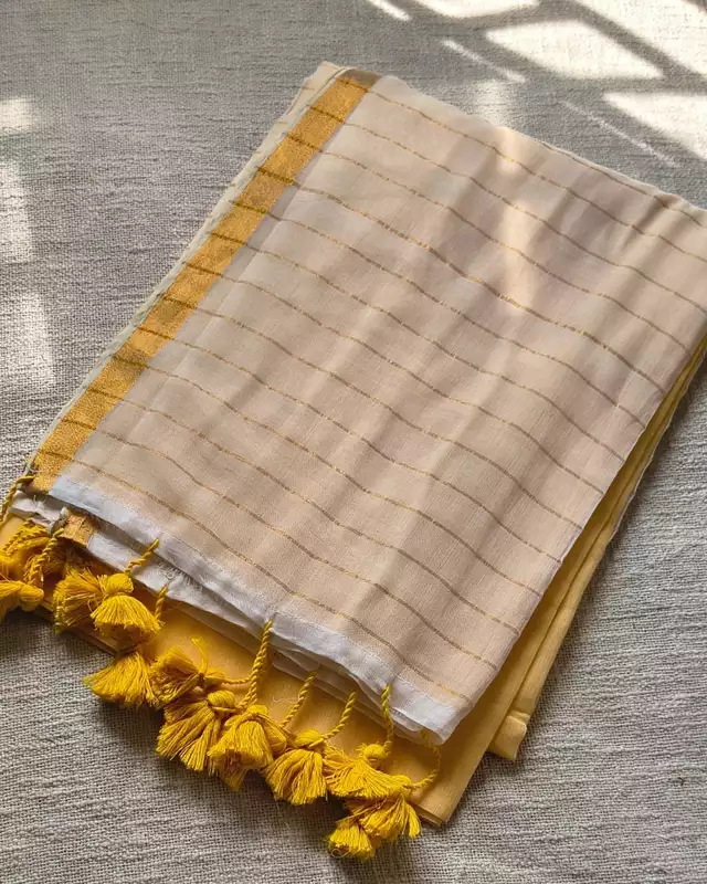 Mul Cotton Handloom Saree with Zari border, Contrast Pallu with zari woven stripes - Yellow