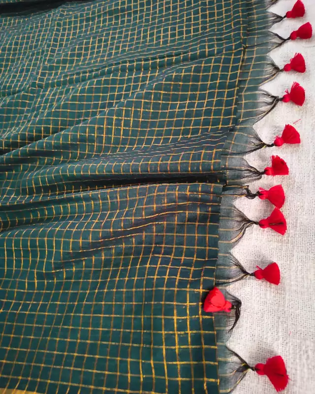 Mul Cotton Zari Checks Handloom Saree with contrast border - Bottle Green