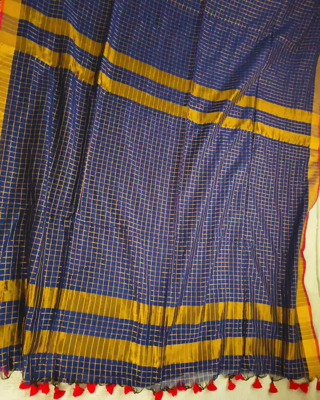 Mul Cotton Zari Checks Handloom Saree with contrast border - Navy Blue