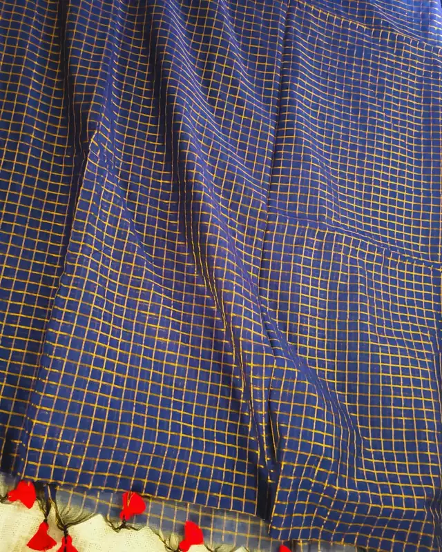 Mul Cotton Zari Checks Handloom Saree with contrast border - Navy Blue