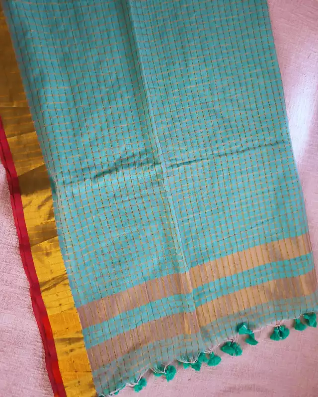 Mul Cotton Zari Checks Handloom Saree with contrast border - Sea Green
