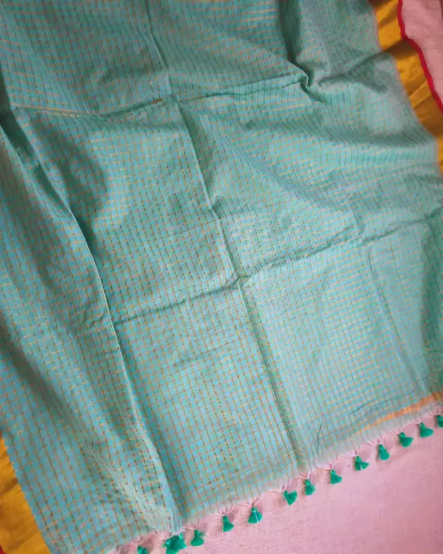 Mul Cotton Zari Checks Handloom Saree with contrast border - Sea Green