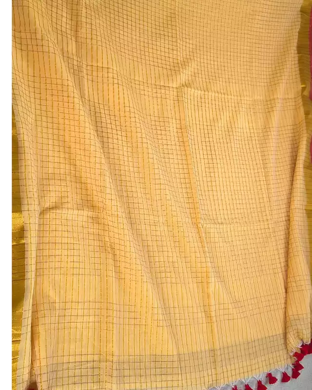 Mul Cotton Zari Checks Handloom Saree with contrast border - Yellow