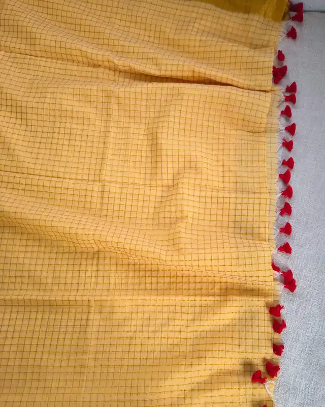 Mul Cotton Zari Checks Handloom Saree with contrast border - Yellow