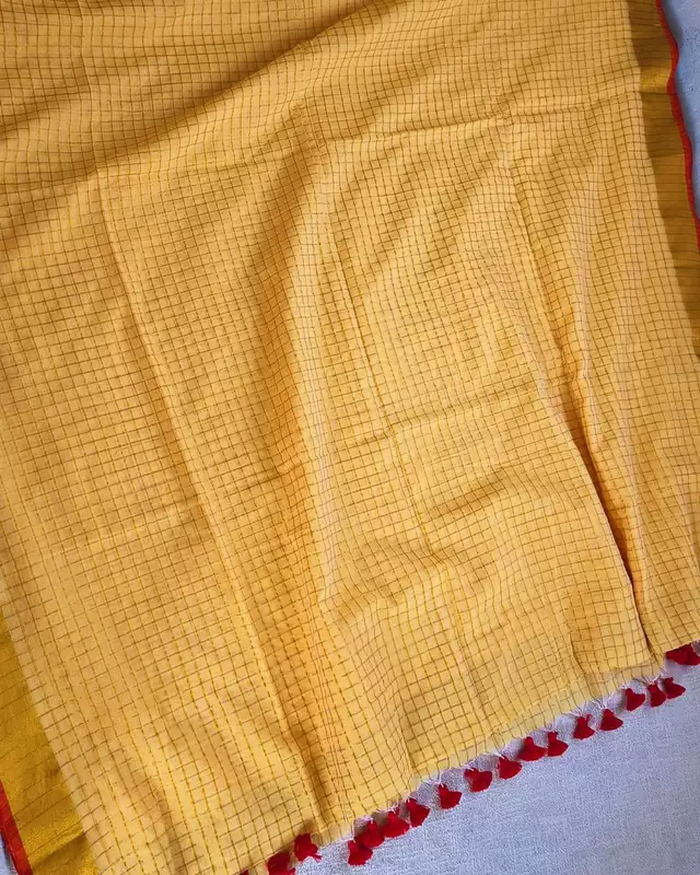 Mul Cotton Zari Checks Handloom Saree with contrast border - Yellow