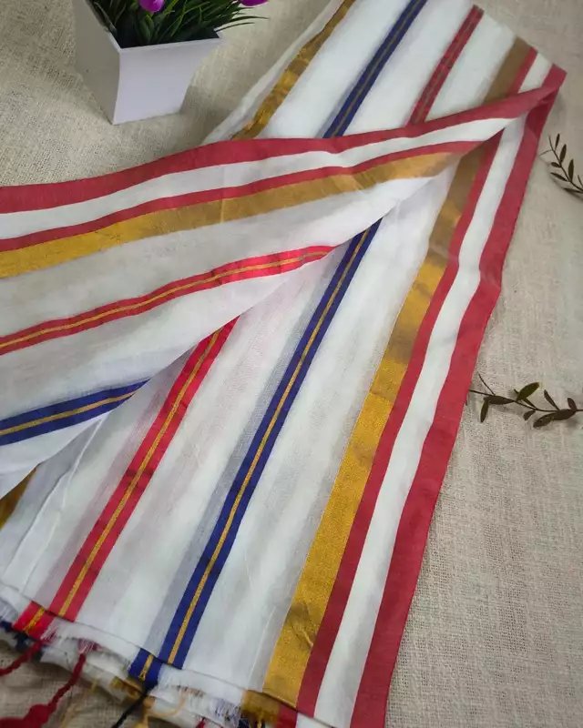 Mul Cotton Handloom Saree - Multi Color Golden Stripes
