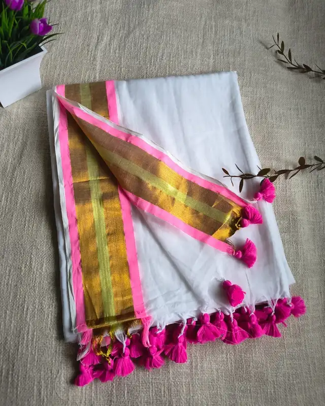 Mul Cotton Handloom Saree - White & Pink