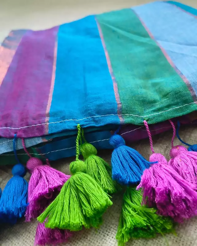 Rainbow Mul Cotton Handloom Saree with Beautiful tassels - Blue