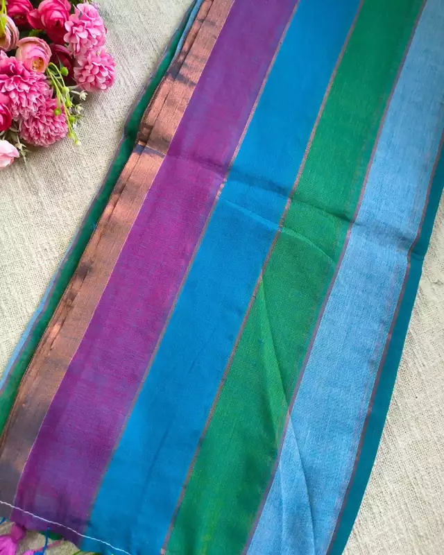 Rainbow Mul Cotton Handloom Saree with Beautiful tassels - Blue