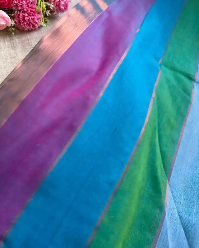 Rainbow Mul Cotton Handloom Saree with Beautiful tassels - Blue