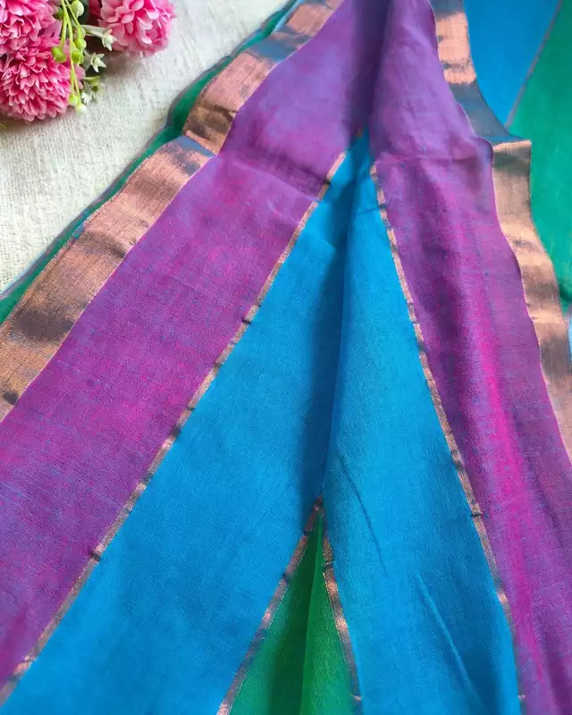 Rainbow Mul Cotton Handloom Saree with Beautiful tassels - Blue