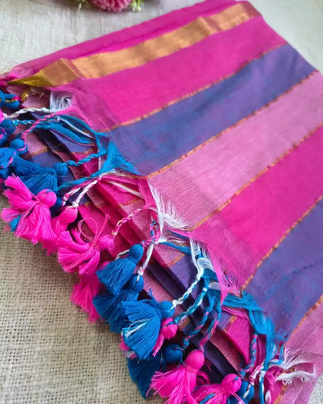 Rainbow Mul Cotton Handloom Saree with Beautiful tassels - Pink