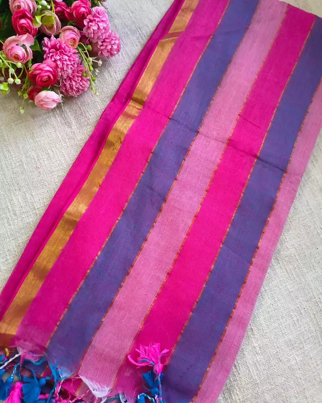 Rainbow Mul Cotton Handloom Saree with Beautiful tassels - Pink