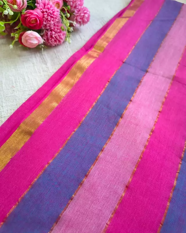 Rainbow Mul Cotton Handloom Saree with Beautiful tassels - Pink